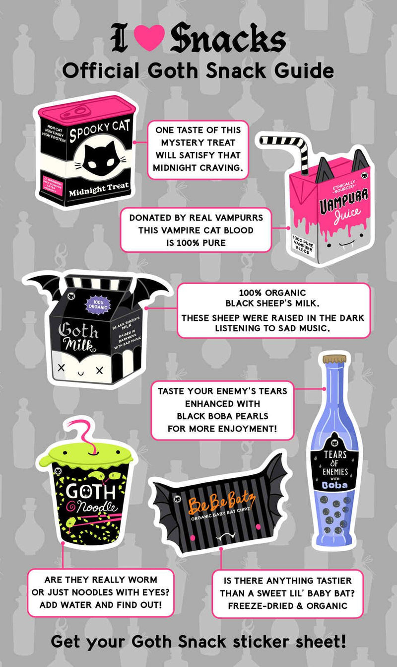 A list of Spooky Cats' Goth Snacks, and their descriptions.