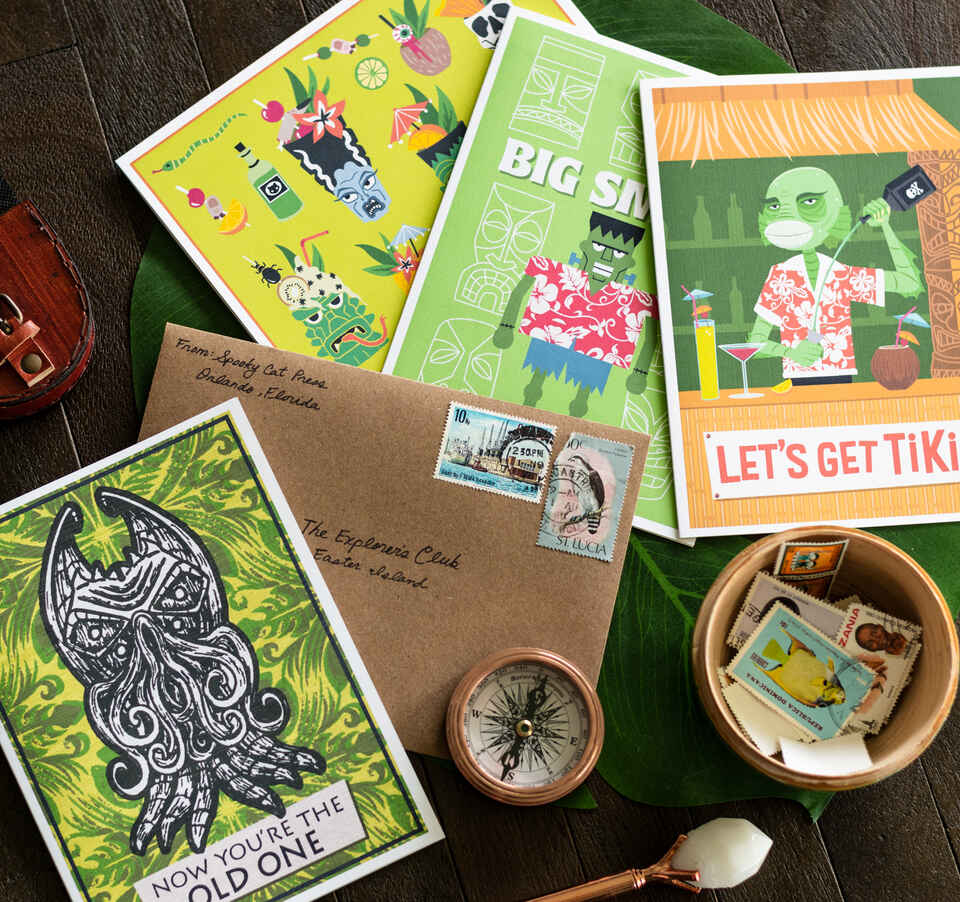 Tiki Greeting Cards with classic monsters and Cthulhu
