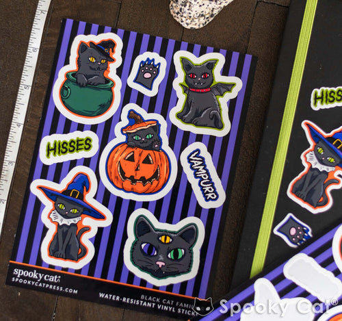 Cute Black Cat Witch Cat Familiar Halloween Sticker Sheet