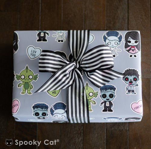Cute kawaii creature, frankenstein's monster and bride, zombie, and vampire wrapping paper