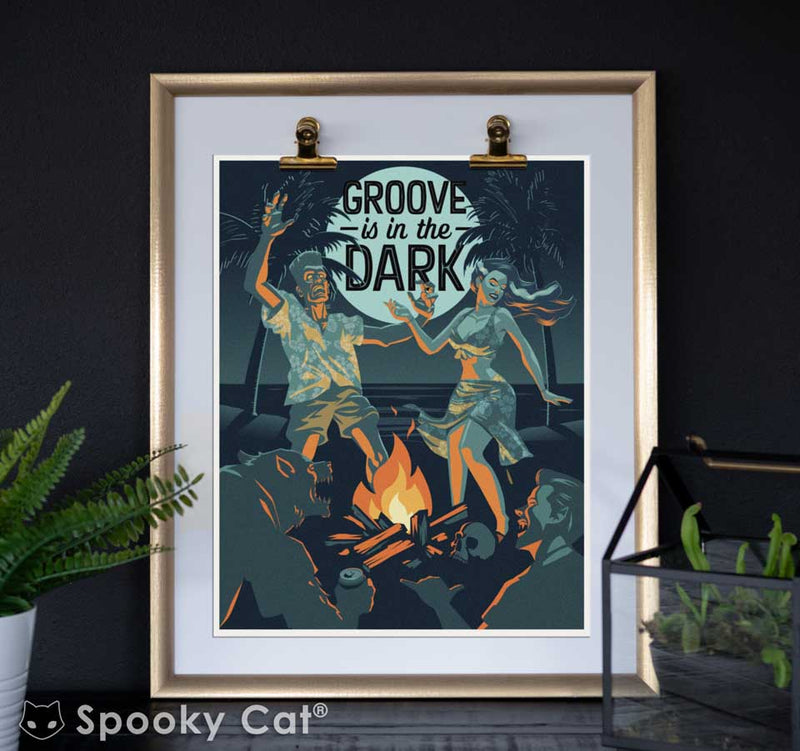 Classic Monster Frankenstein, Vampira, and Wolfman dancing around a campfire in a tiki art print