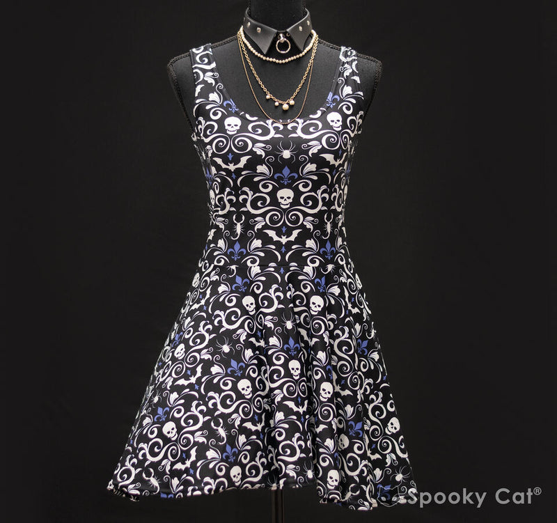 Gothic Damask Dress adorned with bats, skulls, and scorpions