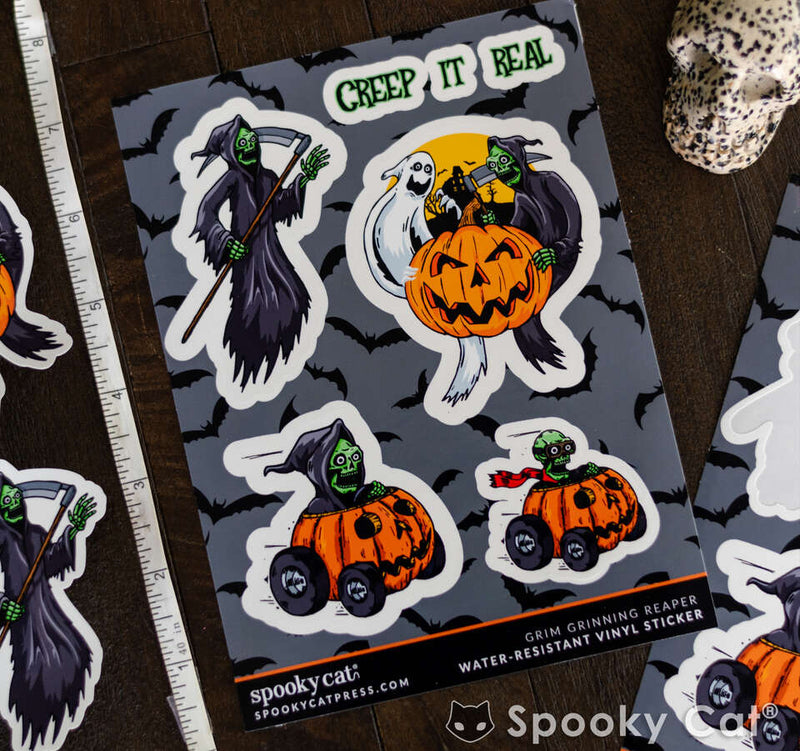 Grim reaper halloween sticker sheet. Water Resistant Vinyl Halloween stickers