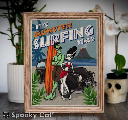Monster Surfing Tiki Art Print featuring Frankenstein's Monster and Bride on vacation