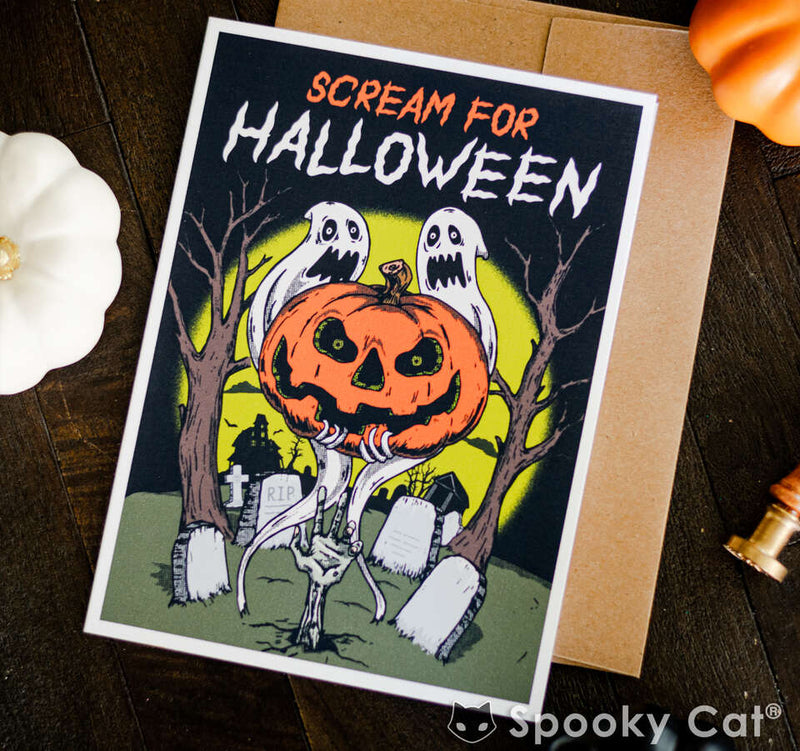 Ghost Scream Haunted Halloween Card featuring ghosts holding a jack o lantern.