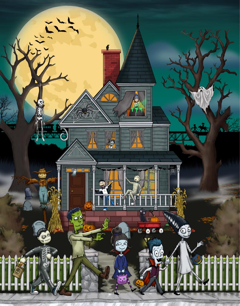 Spooky Halloween Town Greeting Cards, Gift Wrap, T-shirts, and more