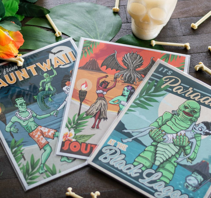 Tiki Art Prints - Wall art featuring Spooky Tiki Art with kitschy classic monsters on a tiki vacation