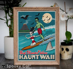 Monster Surfing Tiki Art Print with Frankenstein's Monster and Bride surfing in Hauntwaii