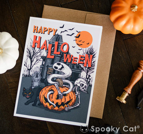 Haunted House Halloween Card with Vintage-inspired Halloween ghost, skeleton, and black cat