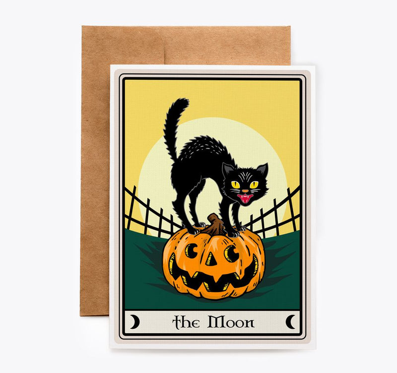 The Moon Black Cat Halloween Tarot Card