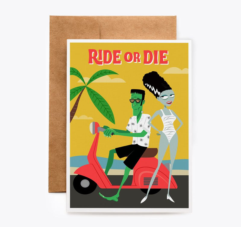 Frankenstein & Bride Tiki Ride or Die anniversary card