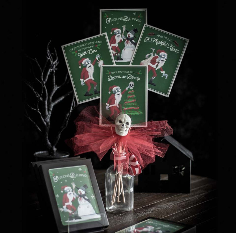 T'was the night before Christmas what delightful scares did Zombie Santa bring for all the boys and ghouls? Sustainable Gothic holiday cards made by artists.