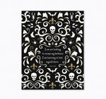 Gothic skull damask art print featuring a quote from the poet Rune Lazuli.