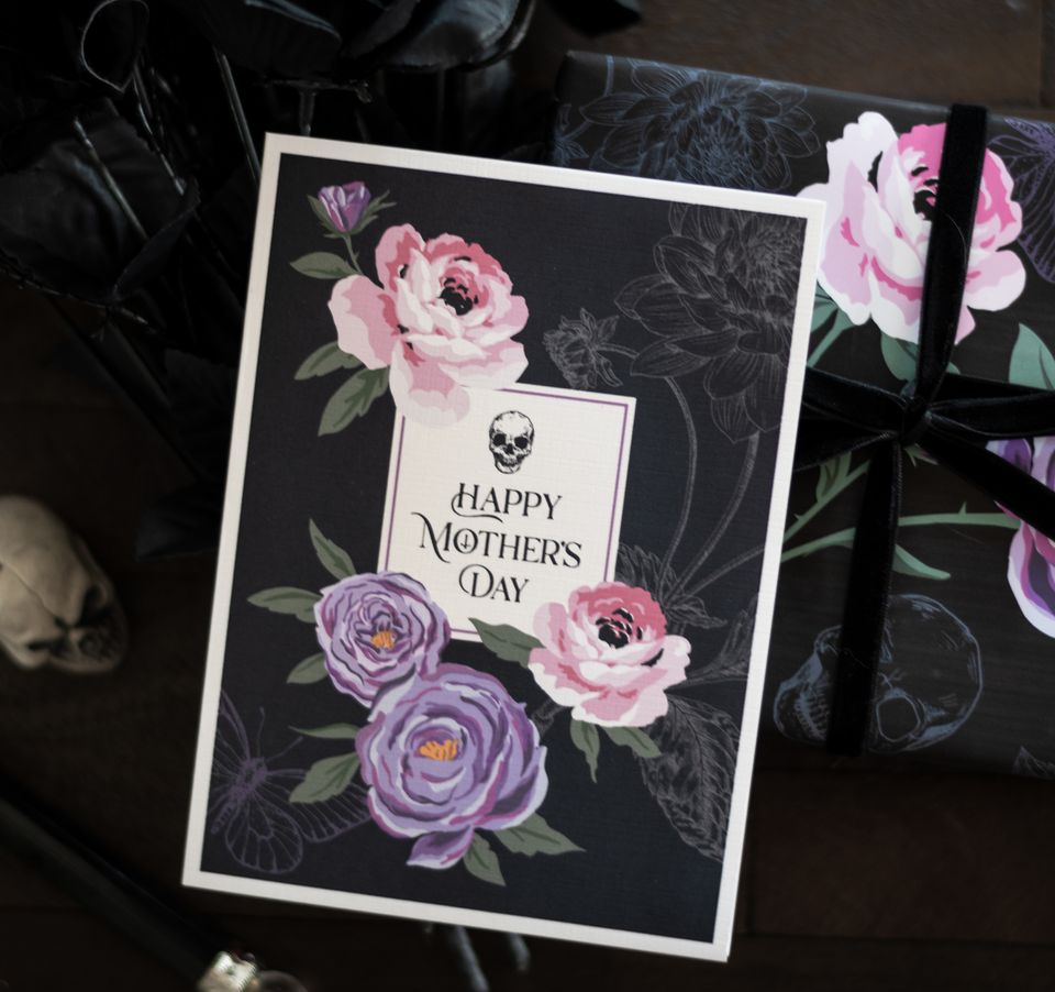 Gothic Floral Mother's Day Card with Skull, Roses, and Black Dahlia