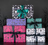 Damask Gothic Gift wrapping paper with skulls, spiders, bats, and scorpions
