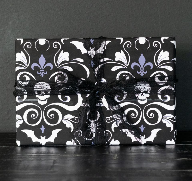 Skull Damask Gift Wrap - Black (1 Sheet)