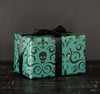 Green Damask Gothic Gift wrapping paper with skulls, spiders, bats, and scorpions