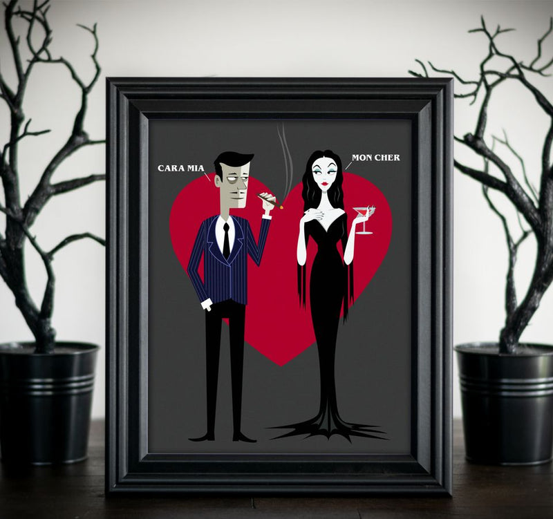Morticia and Gomez Addams Valentines Romantic Homage Art Print