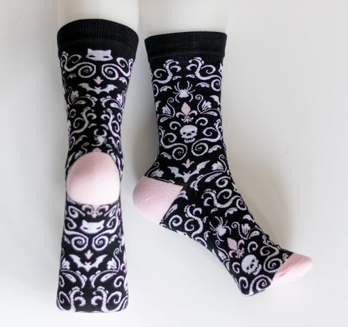 Pastel Goth Damask Socks with Skulls and bats