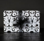 Bone Damask Gothic Gift wrapping paper with skulls, spiders, bats, and scorpions