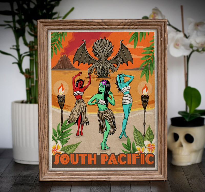 Cthulhu's call is irresistible to the hula ghouls in this vintage travel-inspired Tiki art print