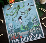 Tiki Dead Sea underwater Art Print featuring Frankenstein's monster, a mermaid bride, and swamp creature.