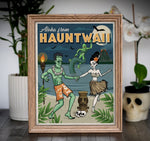 Tiki Paradise Frankenstein's Monster & Bride on Vacation with a Swamp Creature classic horror-inspired travel Art Print