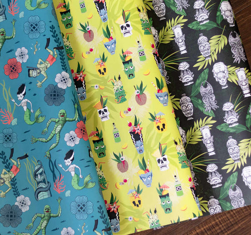 Tiki Gift Wrap Spooky Tiki Wrapping Paper with Classic Monsters and Tiki Mugs