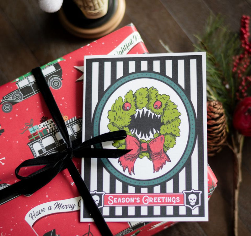 Gothic Christmas Card with Monster Wreath Burtonesque